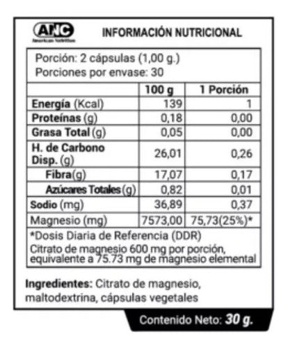 ANC- Magnesio Citrato 300 Miligramos X 60 Cápsulas