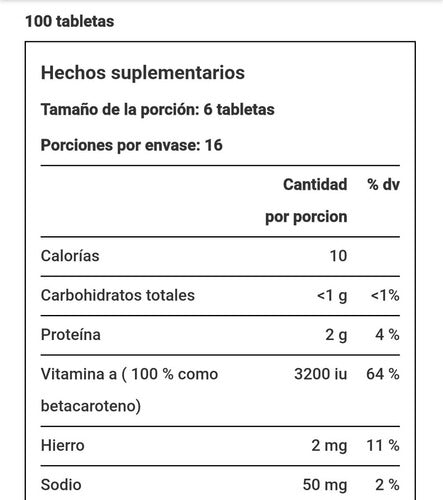 Espirulina 100 % Natural 500 Mg. - 100 tabletas