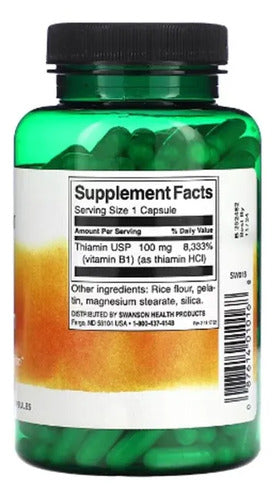 Swanson B1 Tiamina 100mg 250caps Sabor Sin Sabor