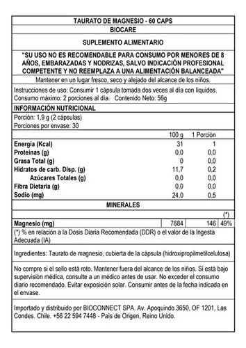 Biocare Taurato De Magnesio 60 Caps Apoyo Corazon Higado Sabor Sin Sabor