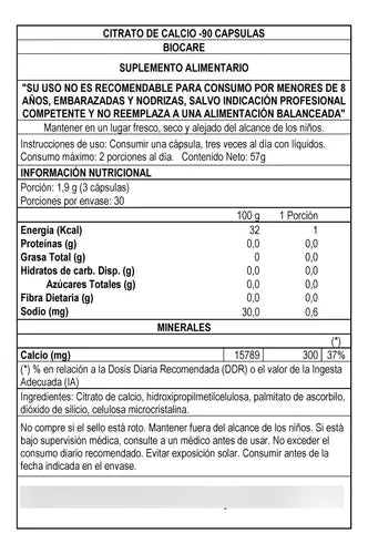 Biocare  - Citrato De Calcio 90 Cápsulas N/a