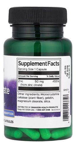 Swanson Citrato De Zinc 60 Cápsulas De 50mg Sin Sabor