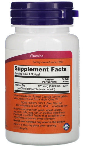 Now - Vitamina D-3, 5.000 Ui, 120 Cápsulas