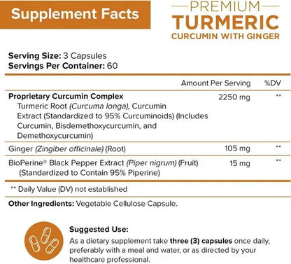 Turmeric Curcumin Ginger 2250mg (180 Cápsulas) Sin Sabor