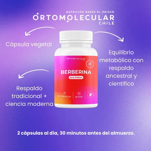 Ortomolecular- Berberina 500mg 60 Capsulas  Equilibrio Metabolico y Bienestar