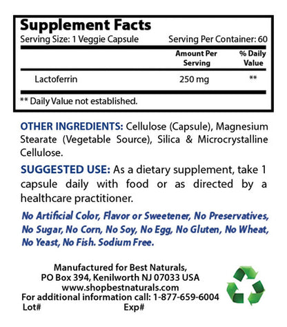 Best Naturals - Lactoferrina 250 Mg 60 Cápsula