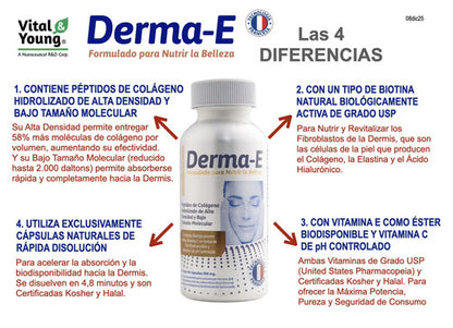 Derma-e Colágeno Hidrolizado, Biotina Activa, Vitamina E, Vitamina C. Vital & Young Belleza Y Piel. Cápsulas. Sin Sabor