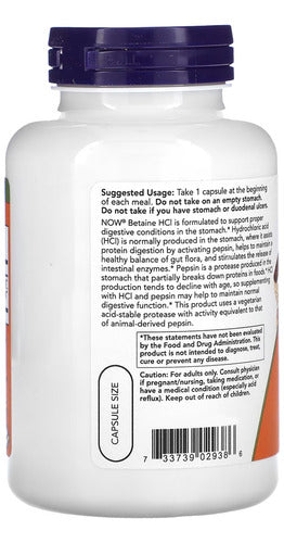 Now Foods Betaine 120 Cápsulas Veganas Sabor Betaina Hcl