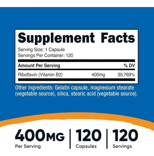 Vitamina B2 Riboflavina 400mg Con 120 Capsulas Nutricost Sabor Sin Sabor