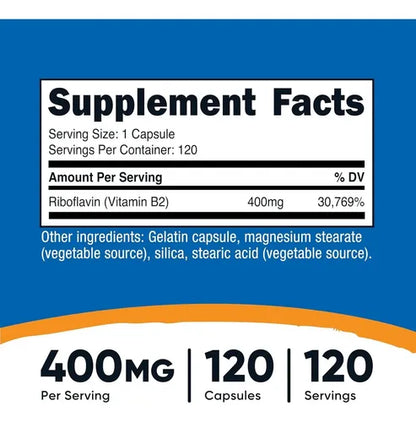 Vitamina B2 Riboflavina 400mg Con 120 Capsulas Nutricost Sabor Sin Sabor