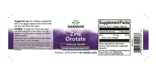 Swanson - Zinc Orotate 10 Mg - 60 Caps Vegetales