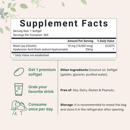 Micro Ingredients - Biotina 10.000 Mg 365 Sofgel (1 Año) Sin Sabor