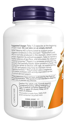 Now Foods Betaine 120 Cápsulas Veganas Sabor Betaina Hcl