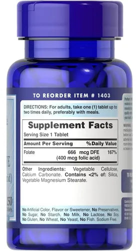 Puritans Pride- Folato Acido Folico 400mcg 250 Tabletas Ninguno