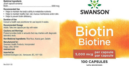 Swanson- Biotina 5000 Mcg 100 Capsulas