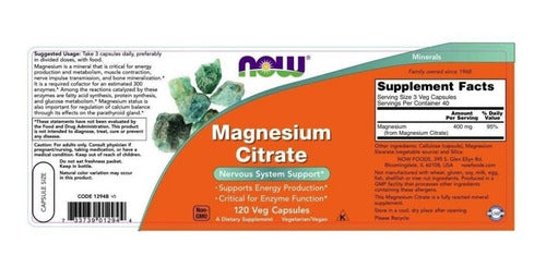 Magnesio Citrate Now 120 Capsulas - Sistema Nervioso