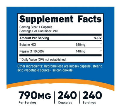 Suplemento Nutricost Premium Betaine Hcl + Pepsin