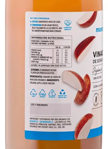 Manare- Vinagres De Manzana Orgánico 1 Lts -pack 2 Unidades
