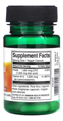 Swanson- Ácido Fólico Y Vitamina B12 30capsulas Sin Sabor
