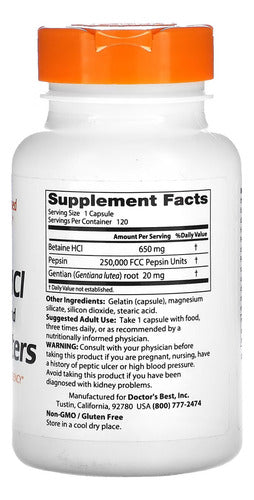 Clorhidrato De Betaína Hcl Usa Importado, 120 Cápsulas, Original