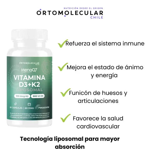 Ortomolecular- Vitamina D3 + K2 Menaq7 Liposomal Salud Osea  y Cardiovascular  60 Capsulas