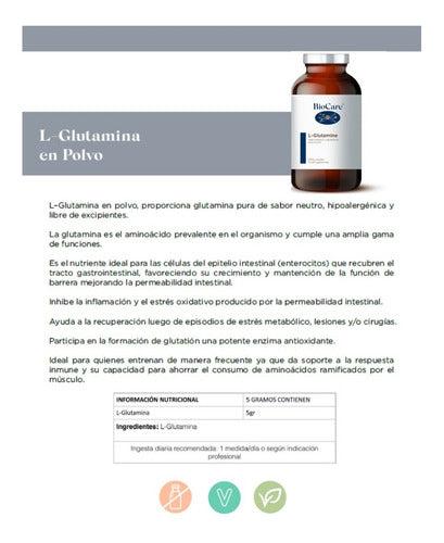 Biocare - L-glutamina En Polvo 200gr Sabor Sin Sabor