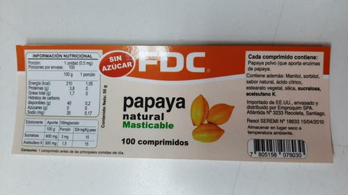 Fdc- Papaya Natural Masticable 100 Comprimidos 