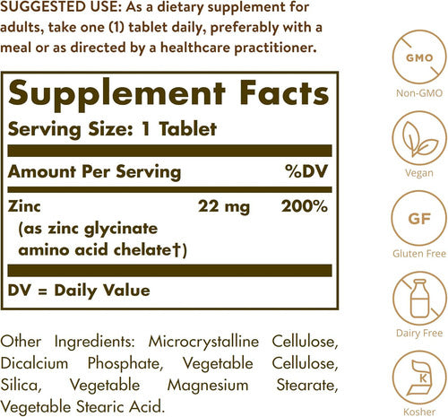 Solgar - Zinc Quelado 22mg  250 Tabletas