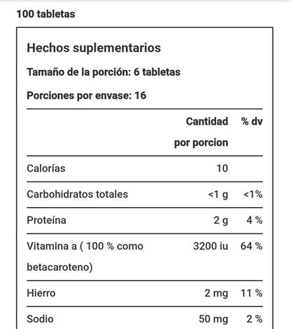 Espirulina 100 % Natural 500 Mg. - 100 tabletas