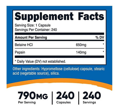 Nutricost - Betaine H C L + Pepsin - 790mg - 240 Capsules