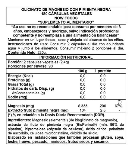 Now - Glicinato De Magnesio Con Bioperine 180 Cápsulas N/a