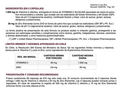 Vitamina C 1000 Mg Con Zinc Elemantal 20 Mg - 60 Capsulas
