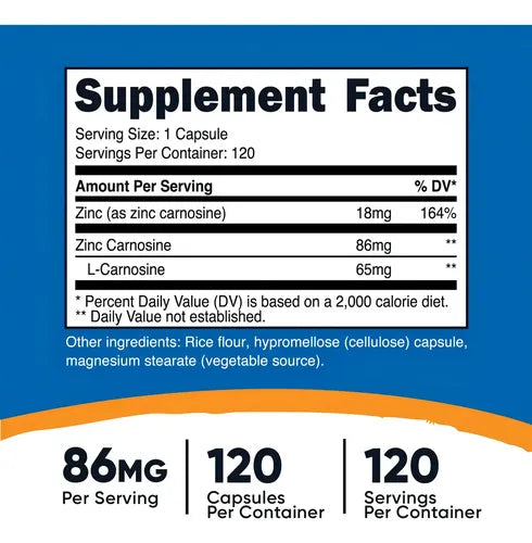 Nutricost - Carnosina De Zinc 86 Mg 120 Cápsulas Sin Sabor