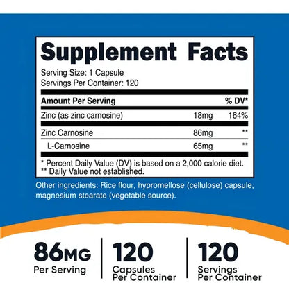 Nutricost - Carnosina De Zinc 86 Mg 120 Cápsulas Sin Sabor