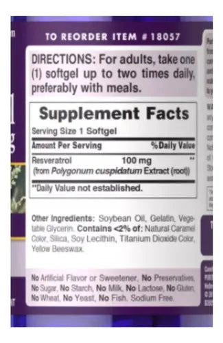 Puritan's Pride- Resveratrol 100mg 60 Cápsulas Sin Sabor