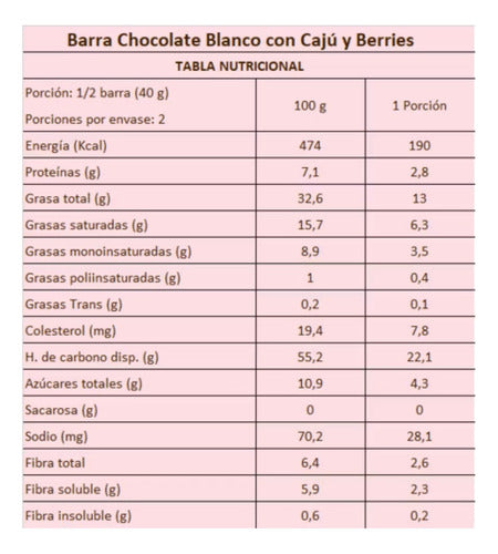 Sabores Sin Culpa , Chocolate Blanco Con Caju Y Berries 80gr