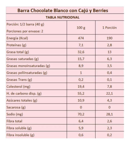Sabores Sin Culpa , Chocolate Blanco Con Caju Y Berries 80gr
