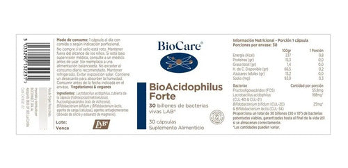 Biocare - Bioacidophilus Forte - 30 Billones, 30 Cápsulas Sin Sabor
