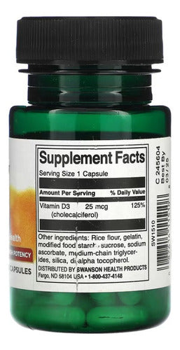 Swanson- Vitamina D3 1000 Iu High Potency (25mcg) 60 Capsulas 
