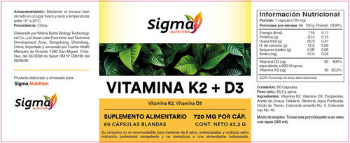 Sigma Nutrition- Vitamina K2 D3 720mg 60cápsulas  Equilibrio