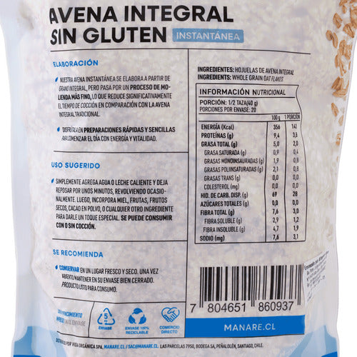Manare- Avena Integral Instantánea Sin Gluten 800 gramos