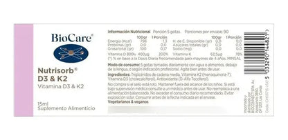 Biocare - Vitamina D3 + K2 15ml (sistema Inmune) N/a