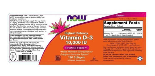Now - Vitamina D-3, 10000 Ui, 120 Cápsulas