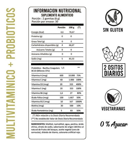Suplemento Multivitaminico Mas Probioticos 60u Perfect Bear Sabor Frutos Rojos