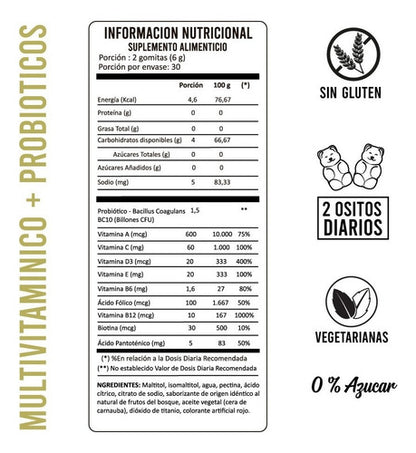 Suplemento Multivitaminico Mas Probioticos 60u Perfect Bear Sabor Frutos Rojos