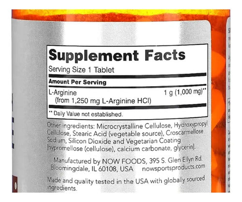 Now Foods L-arginina De Doble Potencia 1000mg 180 Tabs Sabor Sin Sabor