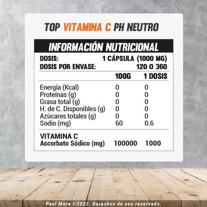 Paul More- Vitamina C1000 mg  PH Neutro  360 Cápsulas