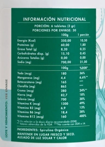 Manare- Spirulina Orgánica 180 tabletas