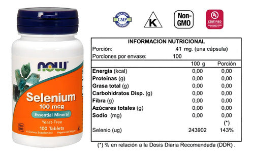 Selenio 100 Mcg Mineral Esencial Now 100 Tabletas Sabor Neutro