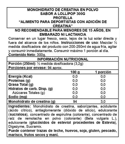 Creatina Monohidratada Protella Sabor Lollipop 300g Creapure